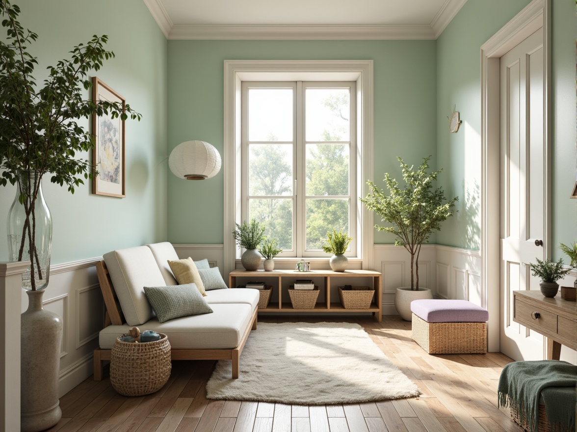 Prompt: Soft mint walls, creamy white trim, warm beige floors, pale lavender accents, natural wood furniture, woven wicker baskets, lush greenery, delicate florals, subtle shimmering fabrics, gentle morning light, soft focus, 1/1 composition, cozy atmosphere, inviting textures, ambient occlusion.