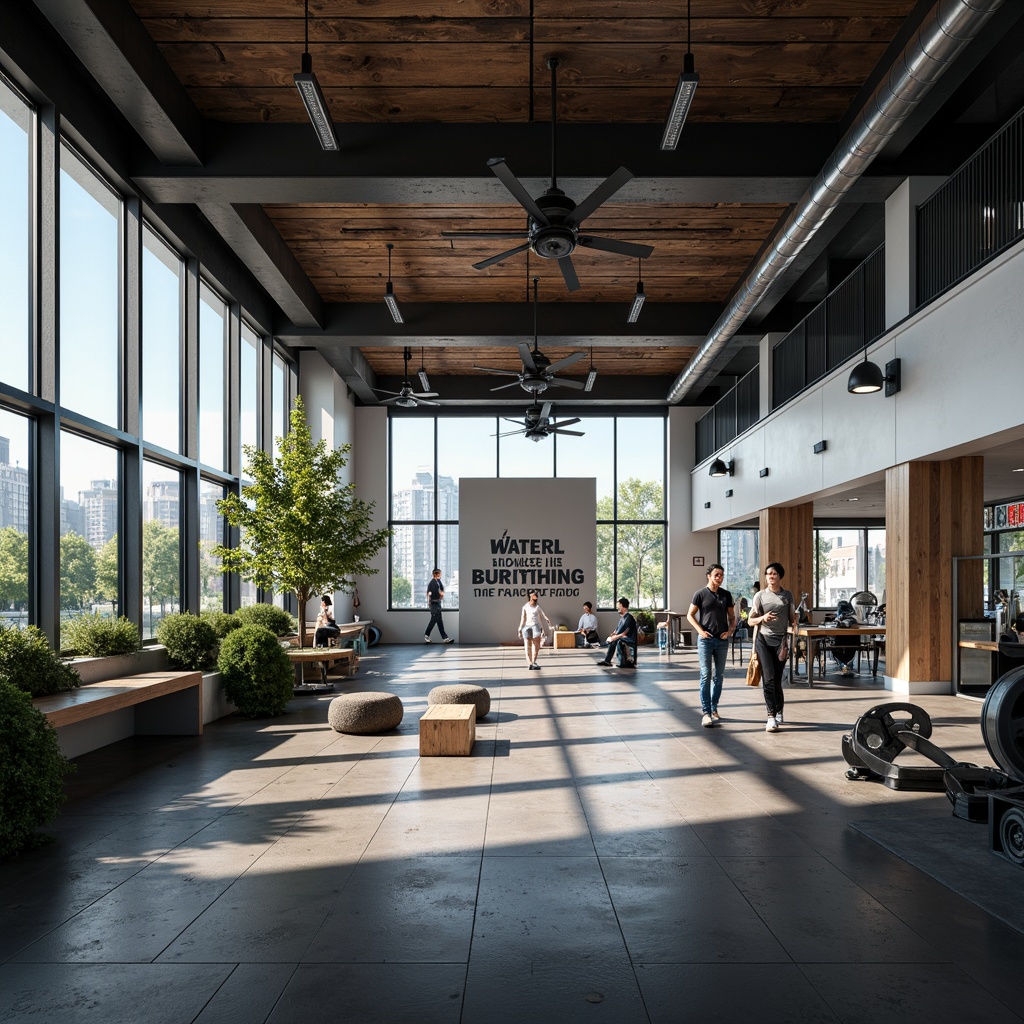 Prompt: Well-lit gym interior, high ceilings, large windows, natural ventilation, industrial fans, air purification systems, breathable wall materials, odor-resistant flooring, refreshing color scheme, motivational quotes, dynamic lighting, 1/2 composition, shallow depth of field, realistic textures, ambient occlusion.