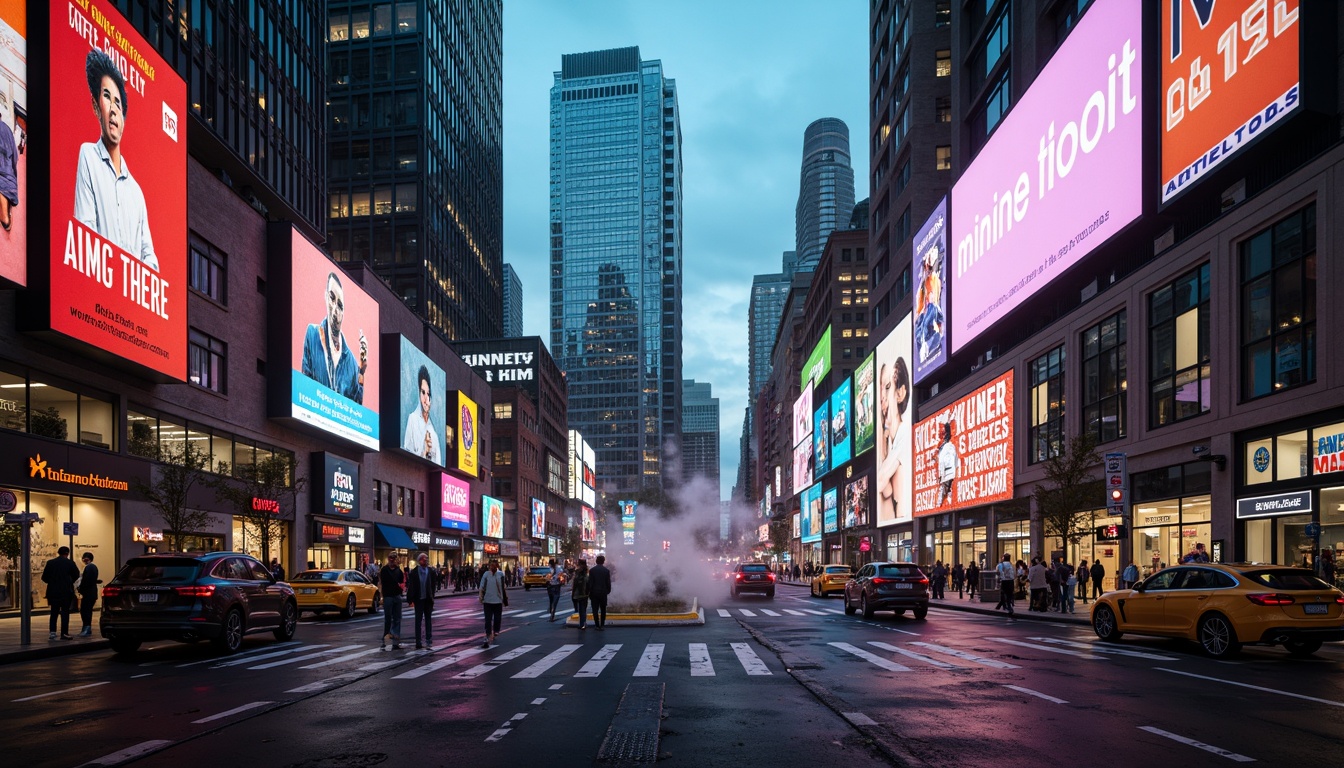 Prompt: Vibrant cityscape, bustling streets, modern skyscrapers, neon lights, giant billboards, dynamic architecture, contrasting shapes, bold colors, urban textures, shallow depth of field, 1/3 composition, low-angle shot, dramatic lighting, atmospheric fog, intricate details, metallic reflections.