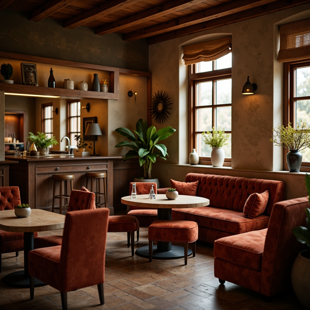 Prompt: Cozy dining room, warm earthy tones, rich wood furniture, plush velvet fabrics, soft golden lighting, comfortable seating, decorative vases, fresh greenery, natural stone walls, rustic metal accents, vintage-inspired decor, autumnal color palette, inviting atmosphere, shallow depth of field, 1/2 composition, realistic textures, ambient occlusion.