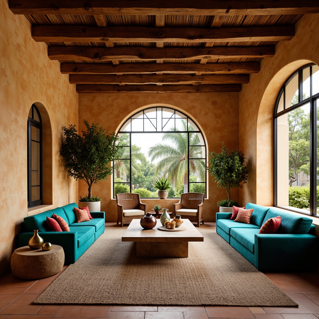 Prompt: Warm Mediterranean villa, rustic stone walls, terracotta flooring, wooden ceiling beams, large arched windows, ornate metalwork, vibrant turquoise accents, plush velvet sofas, distressed wood coffee tables, woven rattan armchairs, colorful ceramic vases, natural fiber rugs, soft warm lighting, 1/1 composition, intimate atmosphere, realistic textures, ambient occlusion.