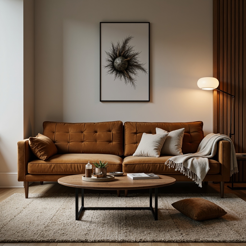 Prompt: Modern living room, sleek low-profile sofa, tufted velvet upholstery, reclaimed wood coffee table, industrial metal legs, minimalist floor lamp, soft warm lighting, cozy throw blankets, natural fiber rug, earthy color palette, 3/4 composition, shallow depth of field, realistic textures, ambient occlusion.