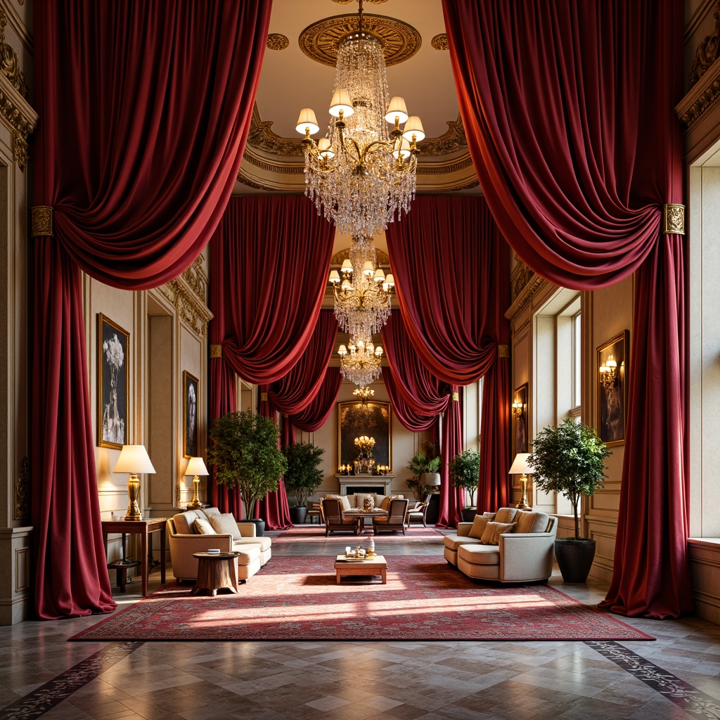 Prompt: Rich velvet drapes, ornate gilded frames, lavish crystal chandeliers, warm golden lighting, intricate marble floors, opulent furnishings, richly patterned rugs, luxurious fabrics, regal crimson reds, majestic navy blues, ornate gold accents, soft cream whites, subtle beige tones, Baroque-era inspired motifs, dramatic architectural details, grandiose scale, sweeping curved lines, highly decorative elements, realistic textures, ambient occlusion, shallow depth of field, 3/4 composition.