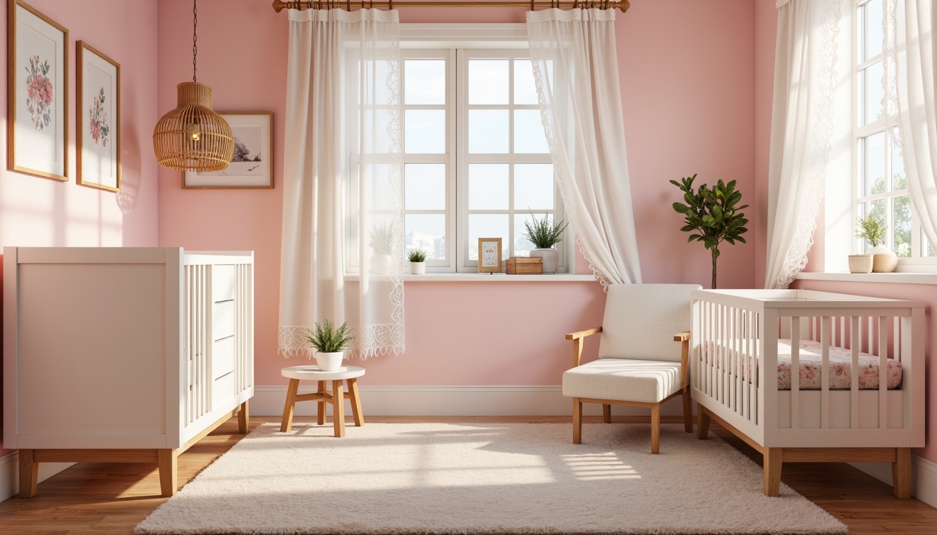 Prompt: Soft pink nursery walls, white cribs, gentle drapery, billowy curtains, sheer fabrics, delicate lace trim, floral patterns, pastel hues, natural wood furniture, plush area rugs, cozy reading nooks, warm golden lighting, subtle shadows, 1/1 composition, intimate atmosphere, realistic textures, ambient occlusion.