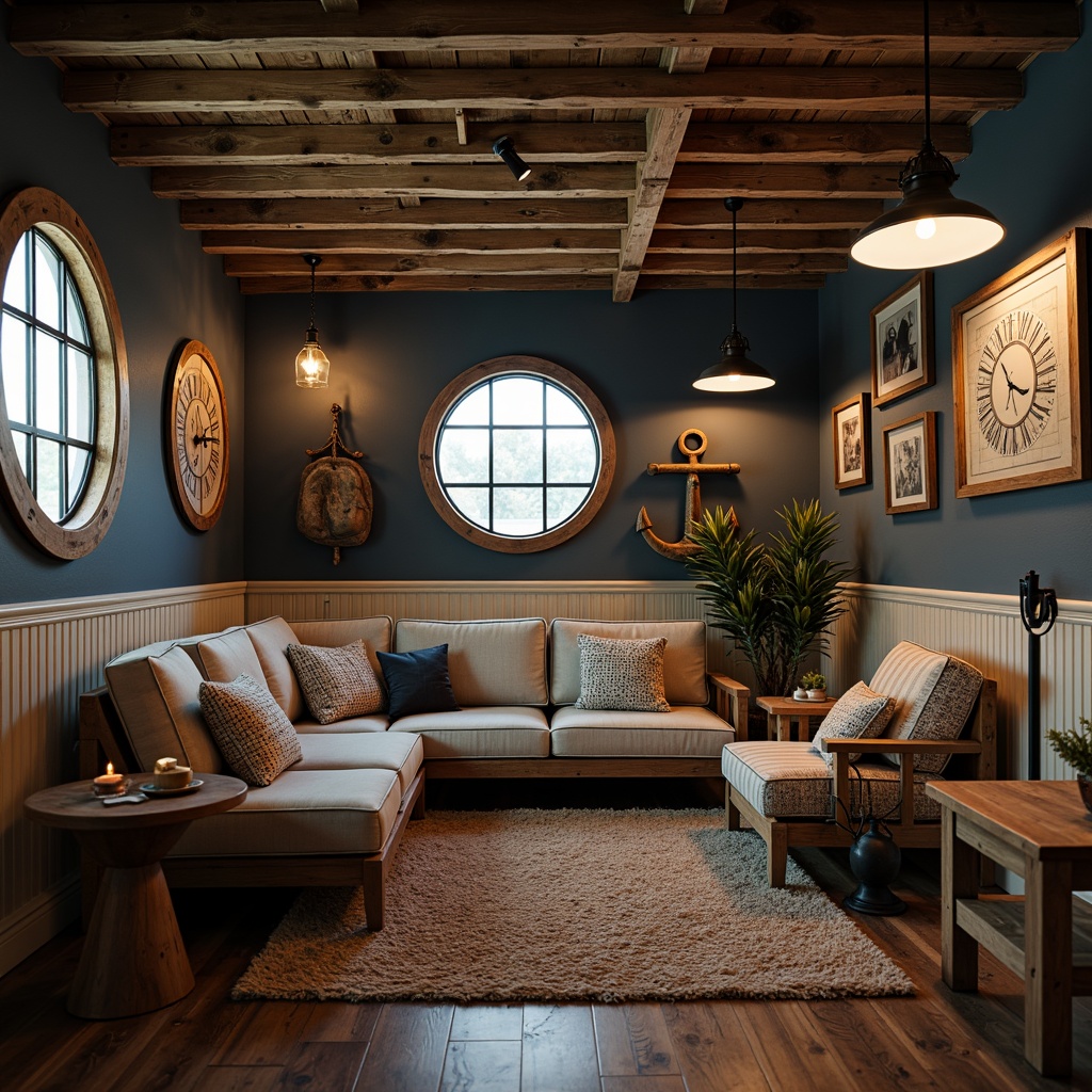 Prompt: Cozy basement, nautical themed decor, rustic wooden accents, vintage anchors, distressed rope details, porthole windows, navy blue walls, cream-colored trim, reclaimed wood flooring, industrial metal lighting, fishing net textures, ocean-inspired color palette, soft warm glow, shallow depth of field, 1/1 composition, intimate atmosphere, realistic wood grain, ambient occlusion.