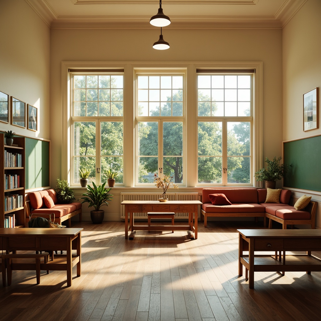 Prompt: Traditional school building, warm wooden floors, cream-colored walls, large windows, natural light, comfortable seating, wooden desks, green chalkboards, vintage-inspired lighting fixtures, cozy reading nooks, bookshelves, educational posters, soft carpeting, warm color scheme, calm atmosphere, 1/2 composition, shallow depth of field, realistic textures, ambient occlusion.