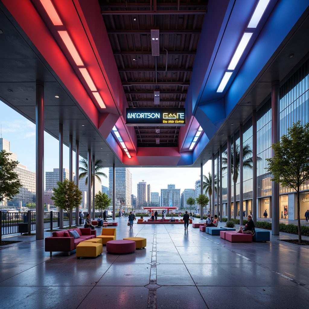 Prompt: Vibrant bus station interior, modern urban aesthetic, bright color scheme, bold typography, dynamic LED lighting, sleek metal accents, polished concrete floors, comfortable seating areas, ample natural light, urban landscape views, futuristic architecture, angular lines, minimalist design, sustainable materials, eco-friendly furniture, innovative ventilation systems, calming ambient noise, shallow depth of field, 1/2 composition, realistic textures.