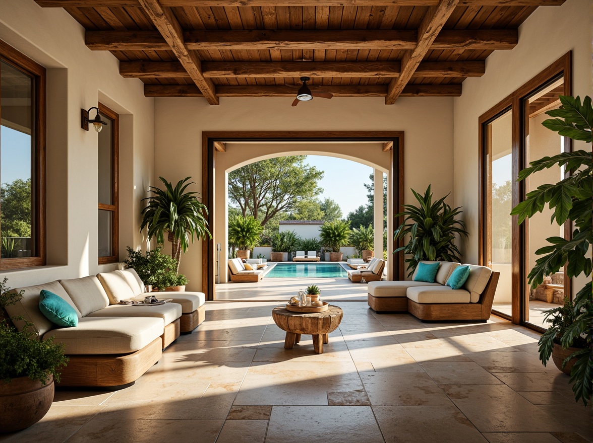 Prompt: Spacious great room, Mediterranean style, open floor plan, high ceilings, large windows, sliding glass doors, natural stone floors, warm beige walls, rustic wooden beams, elegant archways, plush furniture, vibrant turquoise accents, lush greenery, potted plants, soft warm lighting, 3/4 composition, shallow depth of field, realistic textures, ambient occlusion.