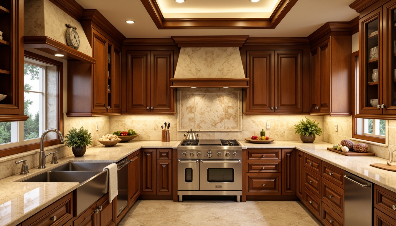 Prompt: Traditional kitchen, warm beige countertops, ornate cabinetry, decorative hardware, soft golden lighting, elegant crown molding, rich wood tones, classic Shaker style, farmhouse sink, polished chrome fixtures, natural stone backsplash, earthy color palette, inviting atmosphere, 3/4 composition, realistic textures, ambient occlusion.