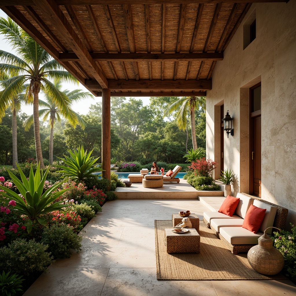 Prompt: Tropical villa, lush greenery, exotic flowers, natural stone walls, textured stucco, warm beige colors, distressed wood accents, woven bamboo ceilings, rattan furniture, vibrant coral hues, ocean-inspired blues, sandy neutrals, subtle sheen, soft warm lighting, shallow depth of field, 3/4 composition, panoramic view, realistic textures, ambient occlusion.