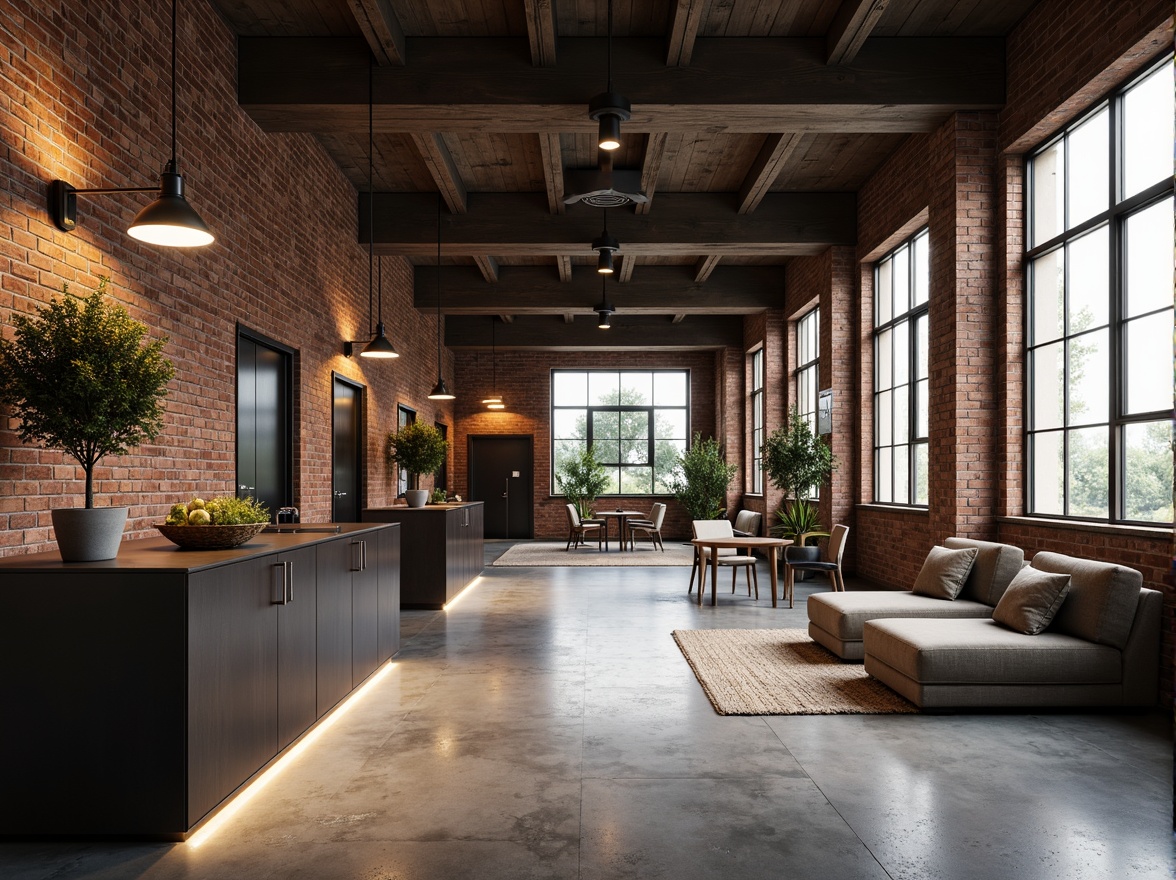 Prompt: Bauhaus-style interior, industrial-chic aesthetic, exposed brick walls, polished concrete floors, minimalist decor, functional lighting fixtures, geometric metal shades, Edison bulb lamps, cylindrical pendant lights, floor-to-ceiling windows, natural daylight, warm ambient glow, softbox diffusers, indirect illumination, 1/1 composition, symmetrical framing, high-contrast rendering, realistic materials, subtle texture details.