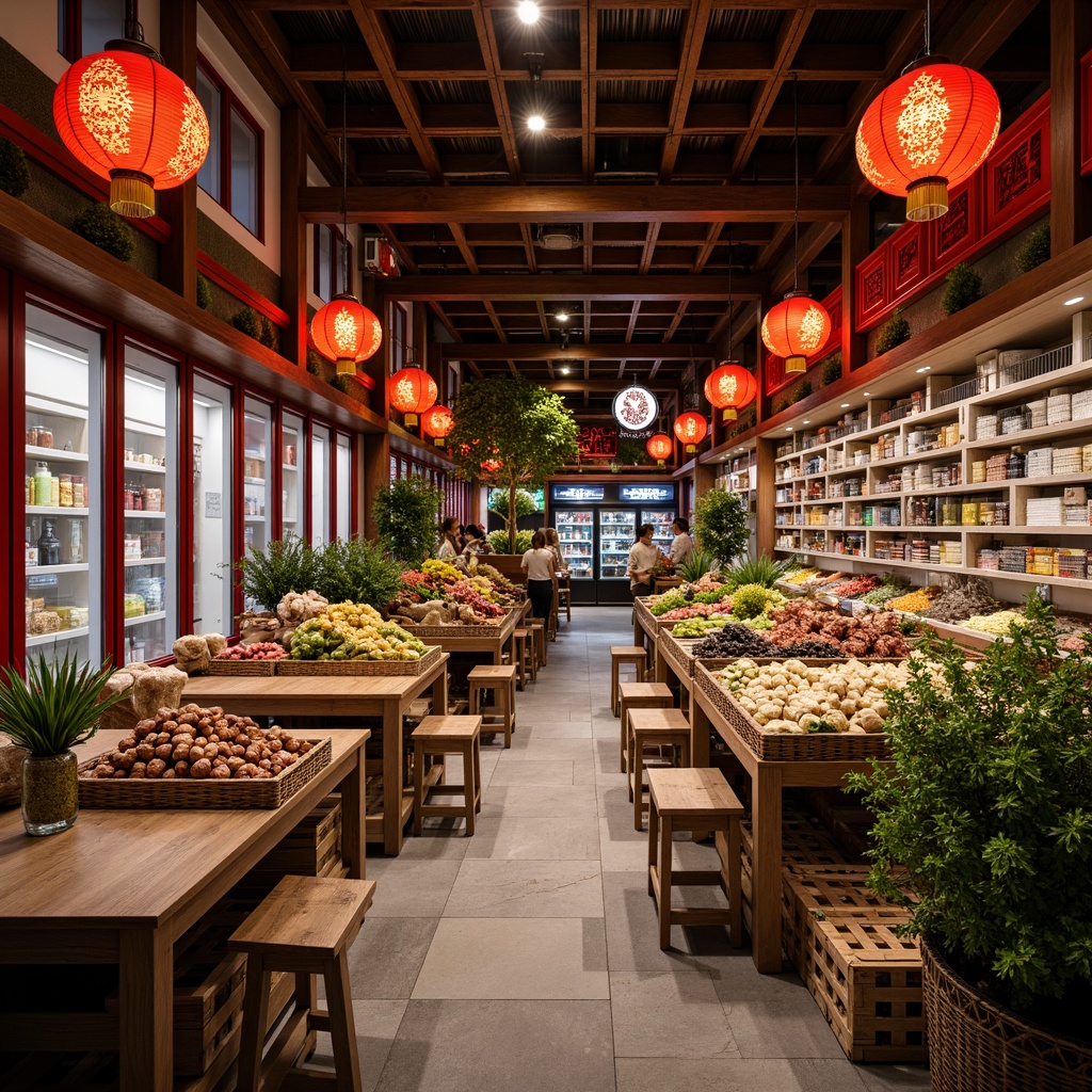 Prompt: Vibrant Asian market, traditional lanterns, intricately carved wooden accents, bold red and gold color scheme, ornate ceramic vases, lush greenery, natural stone flooring, rustic wooden crates, abundant fresh produce, exotic spices, cultural artifacts, modern refrigeration units, sleek metal shelves, subtle lighting, shallow depth of field, 1/2 composition, warm atmospheric perspective, realistic textures, ambient occlusion.