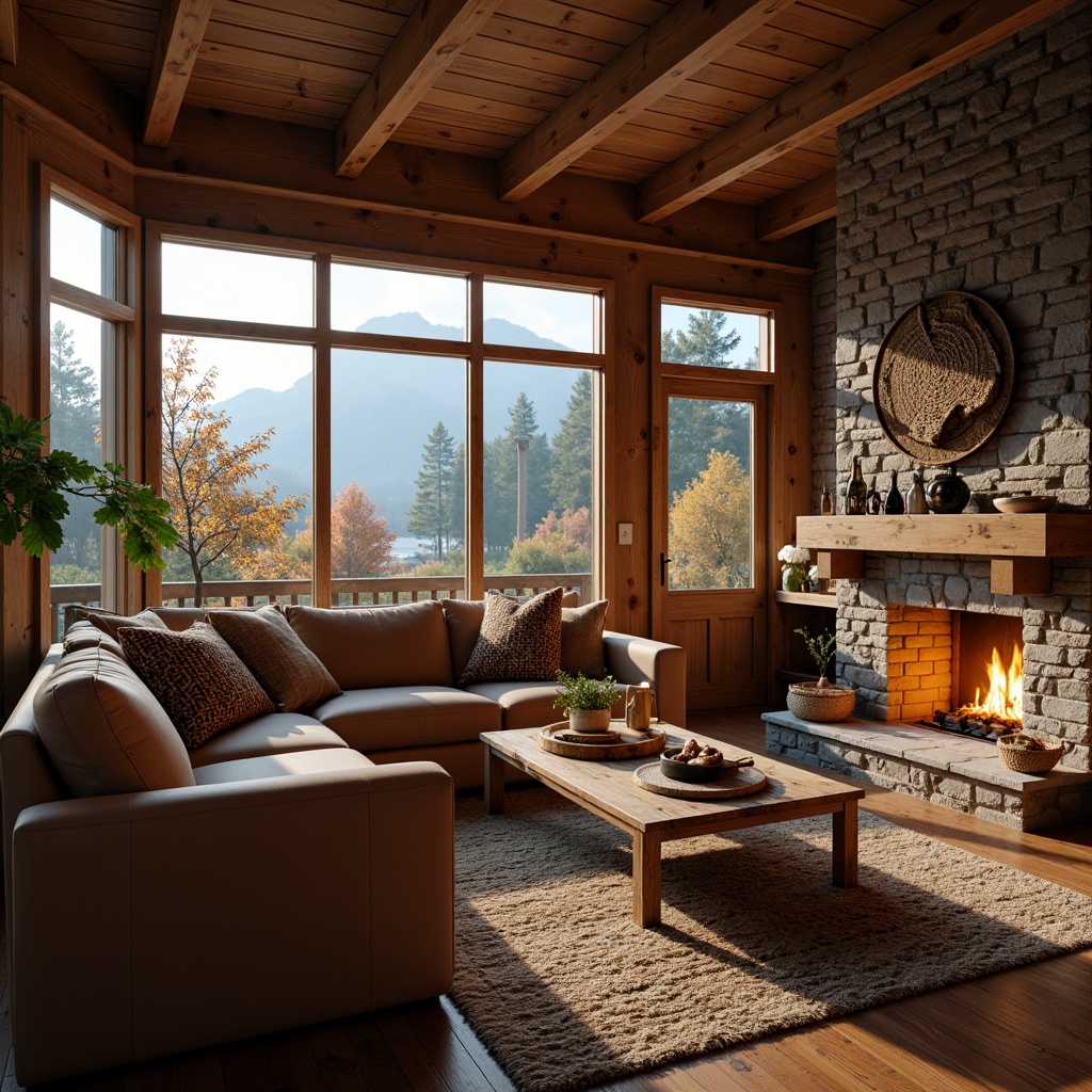 Prompt: Cozy cabin, warm wooden accents, earthy tones, rich brown leather, soft beige fabrics, golden lighting, crackling fireplace, plush area rugs, natural stone walls, rustic metal decor, autumnal foliage, scenic mountain views, misty morning atmosphere, soft focus, 1/1 composition, intimate mood, warm color grading.