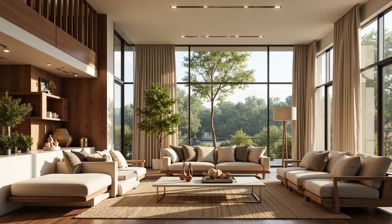 Prompt: Cozy living room, soft warm beige walls, rich walnut wood furniture, plush velvet sofas, golden bronze accents, creamy white marble countertops, natural woven jute rugs, floor-to-ceiling windows, abundant greenery, airy open spaces, warm ambient lighting, subtle gradient effects, 1/1 composition, realistic textures, atmospheric rendering.