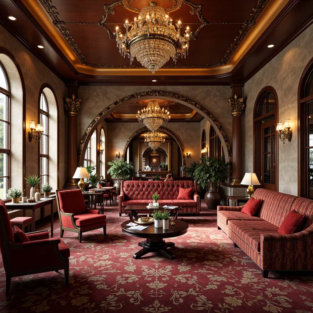 Prompt: Opulent student lounge, rich velvet fabrics, ornate wooden furniture, gilded accents, curved lines, luxurious textiles, warm golden lighting, intricately carved details, grand chandeliers, marble floors, lavish drapery, majestic archways, elegant columns, refined upholstery, sophisticated color palette, regal atmosphere, dramatic ceiling heights, imposing stone walls, subtle Baroque patterns, stately furniture arrangement, 1/2 composition, softbox lighting, realistic reflections.