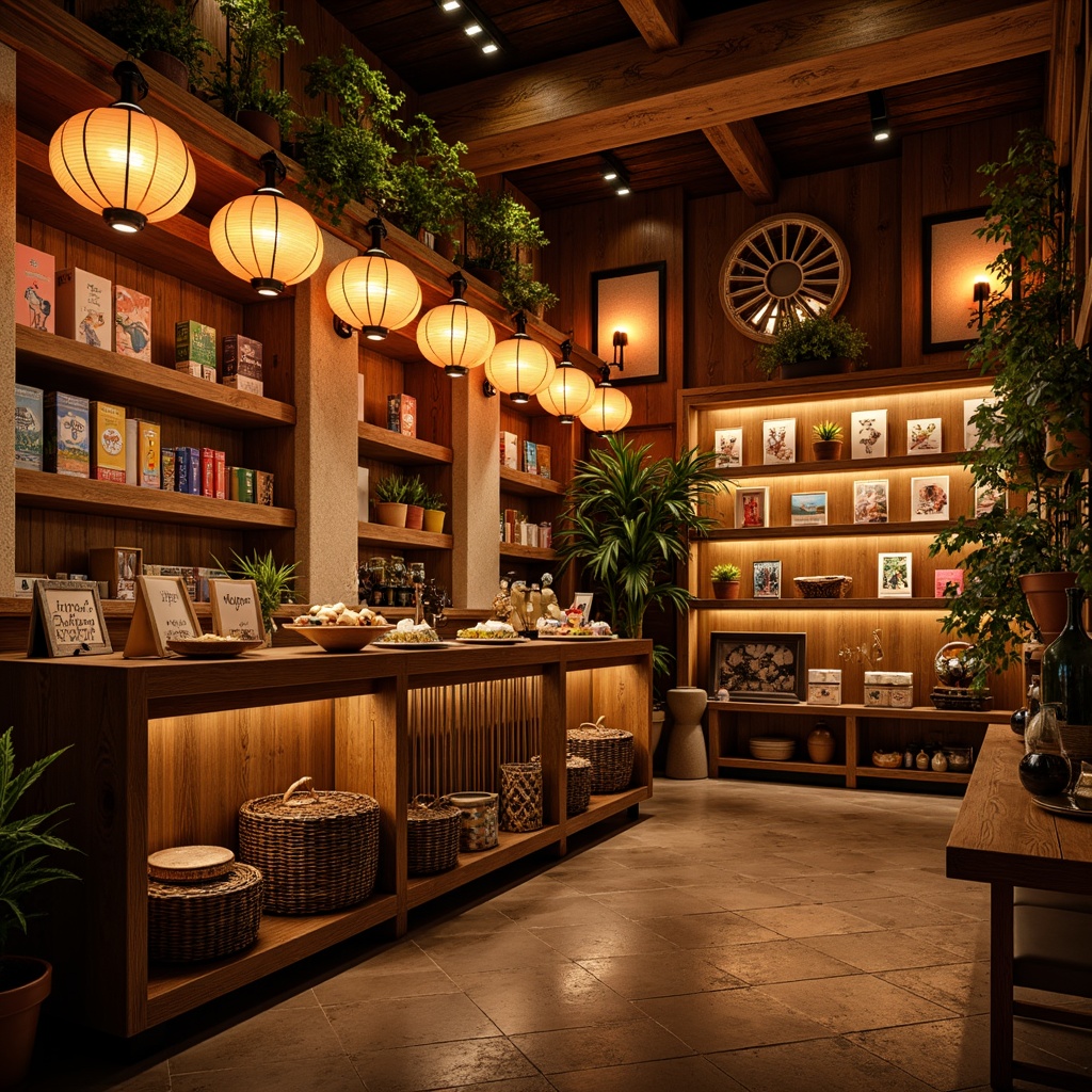 Prompt: Warm Asian-inspired lanterns, soft warm lighting, pendant lights, rustic wooden shelves, woven bamboo baskets, vibrant colorful packaging, traditional Chinese characters, eclectic mix of modern and vintage decorative items, natural stone flooring, earthy tone walls, lush greenery, subtle aromas, warm beige tones, cozy atmosphere, intimate scale, 1/2 composition, soft focus, realistic textures.