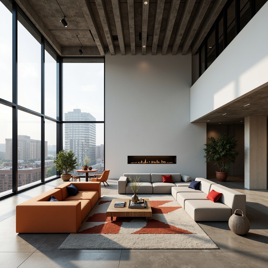 Prompt: Minimalist living room, rectangular shapes, industrial materials, steel beams, concrete floors, functional furniture, geometric patterns, primary color accents, ample natural light, floor-to-ceiling windows, urban city views, neutral tone palette, simplicity-driven design, open-plan layout, free-flowing space, modernist art pieces, sculptural decor, metallic lighting fixtures, 1/1 composition, high-contrast shadows, dramatic spotlights.