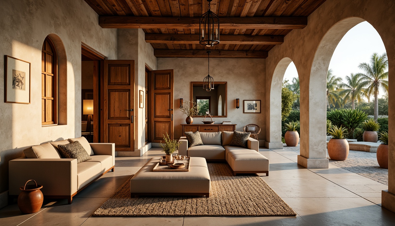 Prompt: Warm Mediterranean villa, rustic stone walls, curved archways, ornate wooden doors, distressed wood furniture, plush velvet upholstery, soft golden lighting, natural fiber rugs, woven wicker accents, earthy terracotta pots, lush greenery, tranquil outdoor spaces, serene ambiance, warm beige color palette, elegant metalwork, ornate tile patterns, cozy nooks, grand chandeliers, vintage decorative items, rustic wooden beams.