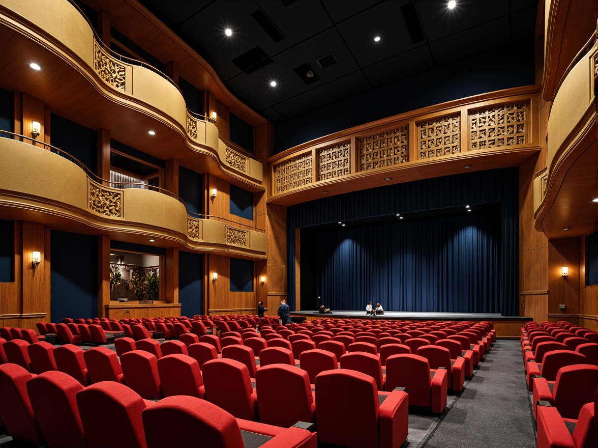 Prompt: Elegant theater interior, rich wood accents, plush red velvet seats, ornate golden balconies, state-of-the-art sound systems, strategically placed acoustic panels, geometric patterned diffusers, dark blue walls, subtle ambient lighting, dramatic spotlights, curved ceiling lines, luxurious carpeting, heavy drapery, precise 7.1 surround sound, high-fidelity audio equipment, minimalist stage design, flexible seating arrangements, intimate audience settings, warm neutral color palette, sophisticated architectural details.