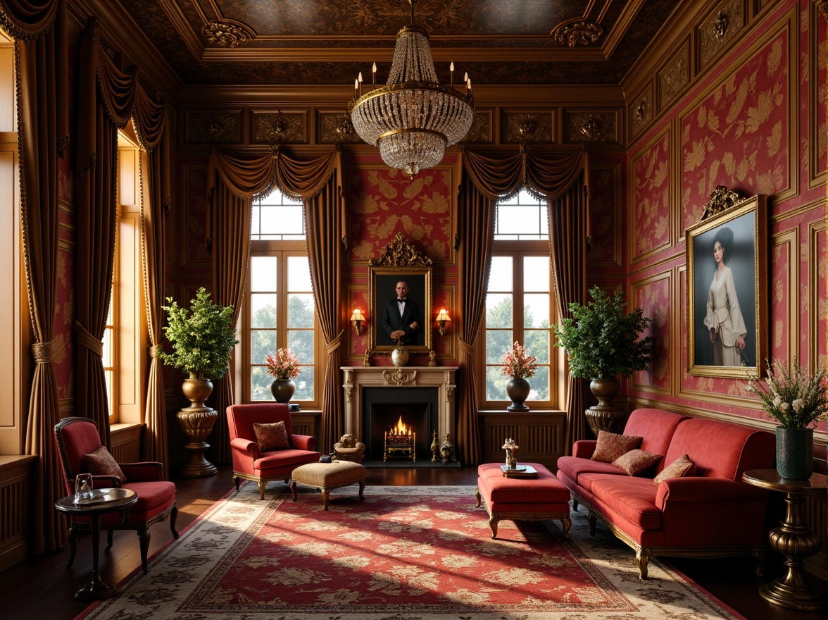 Prompt: Richly patterned wallpaper, ornate moldings, decorative wainscoting, intricately carved wood paneling, luxurious fabrics, velvet drapes, tassel trim, gilded frames, antique furnishings, opulent chandeliers, grandiose mirrors, lavish upholstery, sophisticated color palette, warm golden lighting, dramatic shadows, 3/4 composition, shallow depth of field, realistic textures, ambient occlusion.