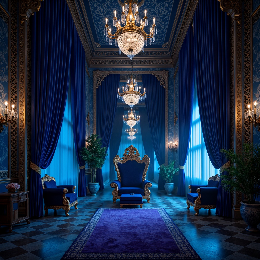 Prompt: Mysterious indigo tone, deep blue-purple hue, luxurious velvet texture, ornate golden accents, lavish furnishings, regal throne-like chairs, majestic floor-to-ceiling drapes, opulent crystal chandeliers, grandiose architectural details, baroque-inspired patterns, intricate mosaics, mysterious ambient lighting, soft focus, shallow depth of field, 1/2 composition, cinematic color grading.