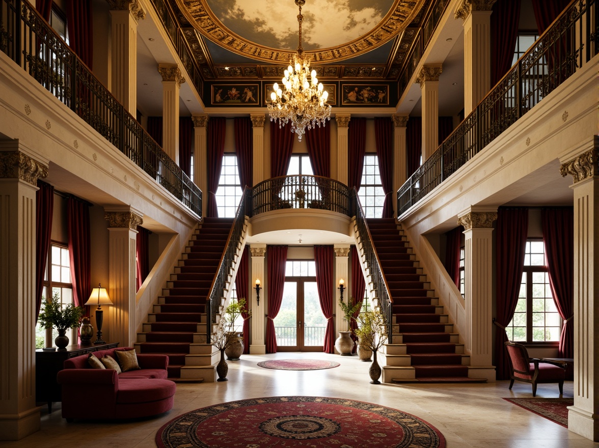 Prompt: Luxurious mansion, grandiose facade, ornate columns, intricately carved stonework, lavish balconies, opulent chandeliers, crystal glass doors, marble flooring, regal staircases, velvet drapes, gilded accents, Baroque-inspired ornamentation, rich wood paneling, soft warm lighting, dramatic shadows, high contrast ratio, 1/2 composition, ornate picture frames, lavish furniture, antique vases, intricate rug patterns, majestic ceiling murals.