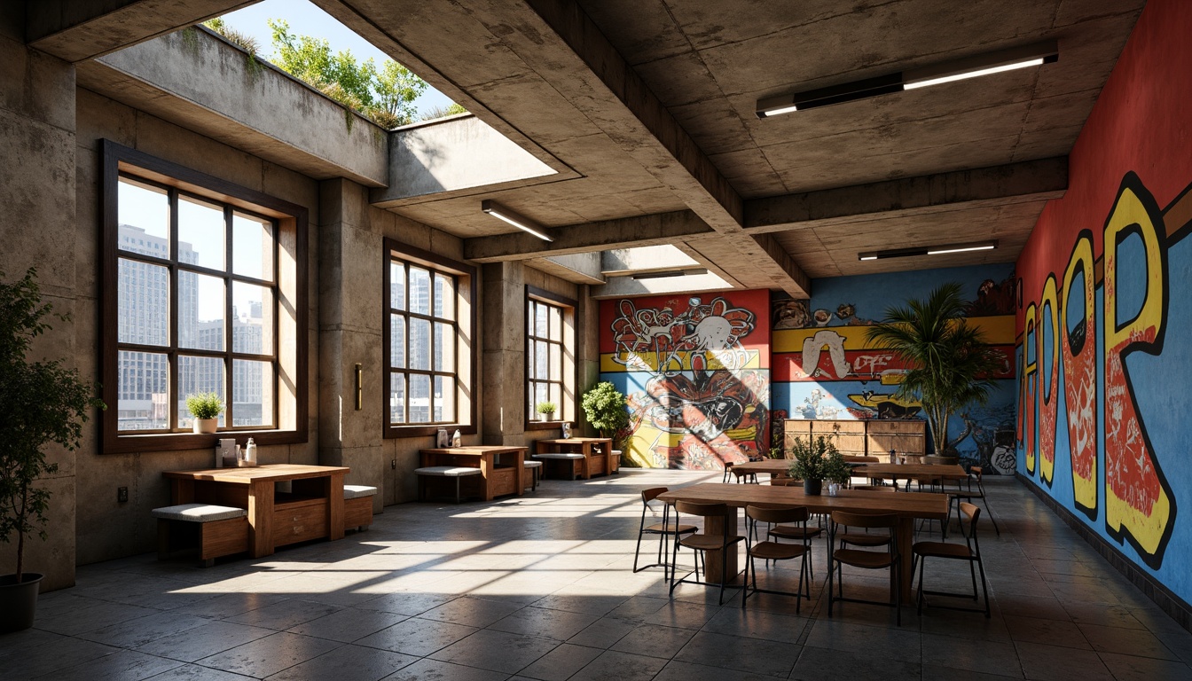 Prompt: Exposed concrete walls, industrial metal beams, raw wooden accents, bold color blocks, vibrant graffiti murals, eclectic mix of textures, rough-hewn stone floors, distressed metal lockers, urban cityscape views, natural light pouring in through clerestory windows, warm indirect lighting, 2/3 composition, dynamic camera angles, gritty realistic renderings, ambient occlusion.