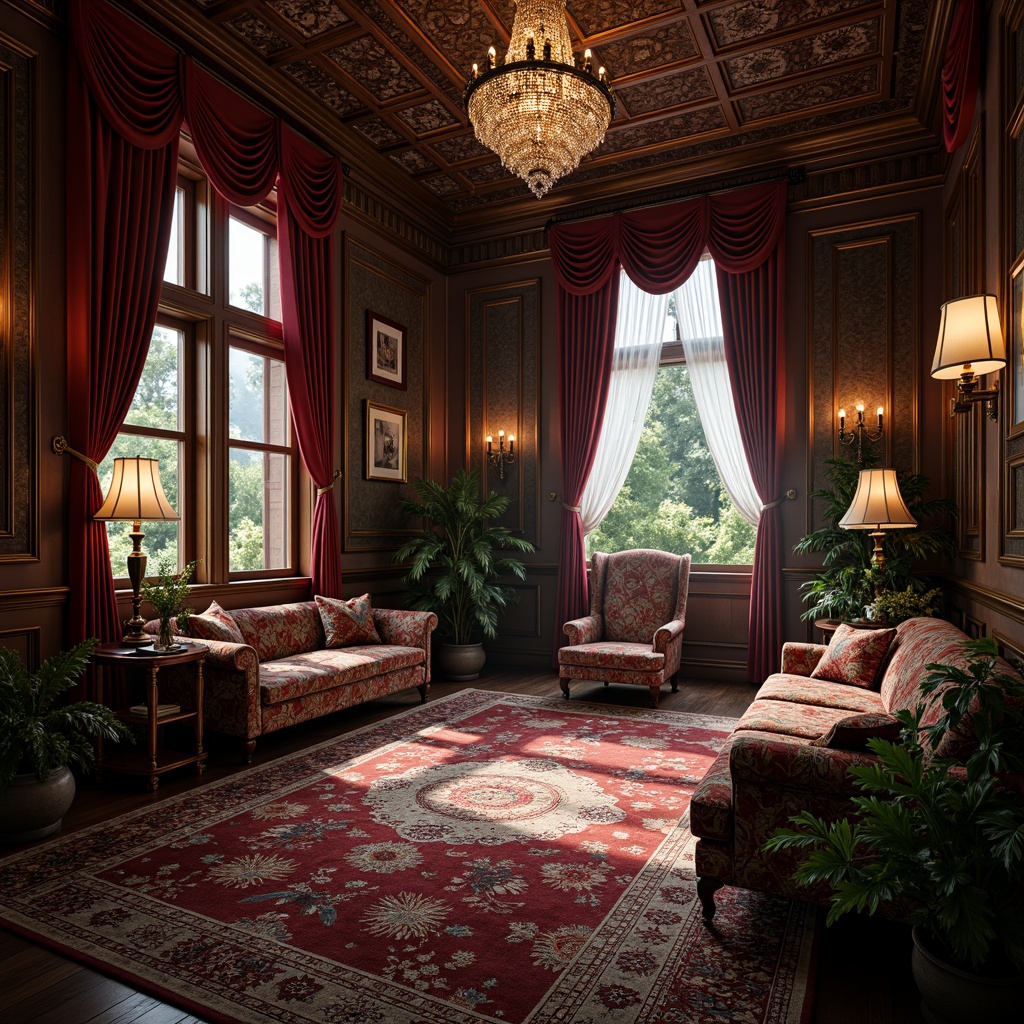 Prompt: Opulent Victorian-era mansion, rich jewel-toned colors, velvety dark reds, emerald greens, sapphire blues, golden yellows, intricate patterns, luxurious fabrics, heavy drapery, ornate wood trimmings, crystal chandeliers, warm candlelight, soft diffused lighting, shallow depth of field, 1/1 composition, realistic textures, ambient occlusion.