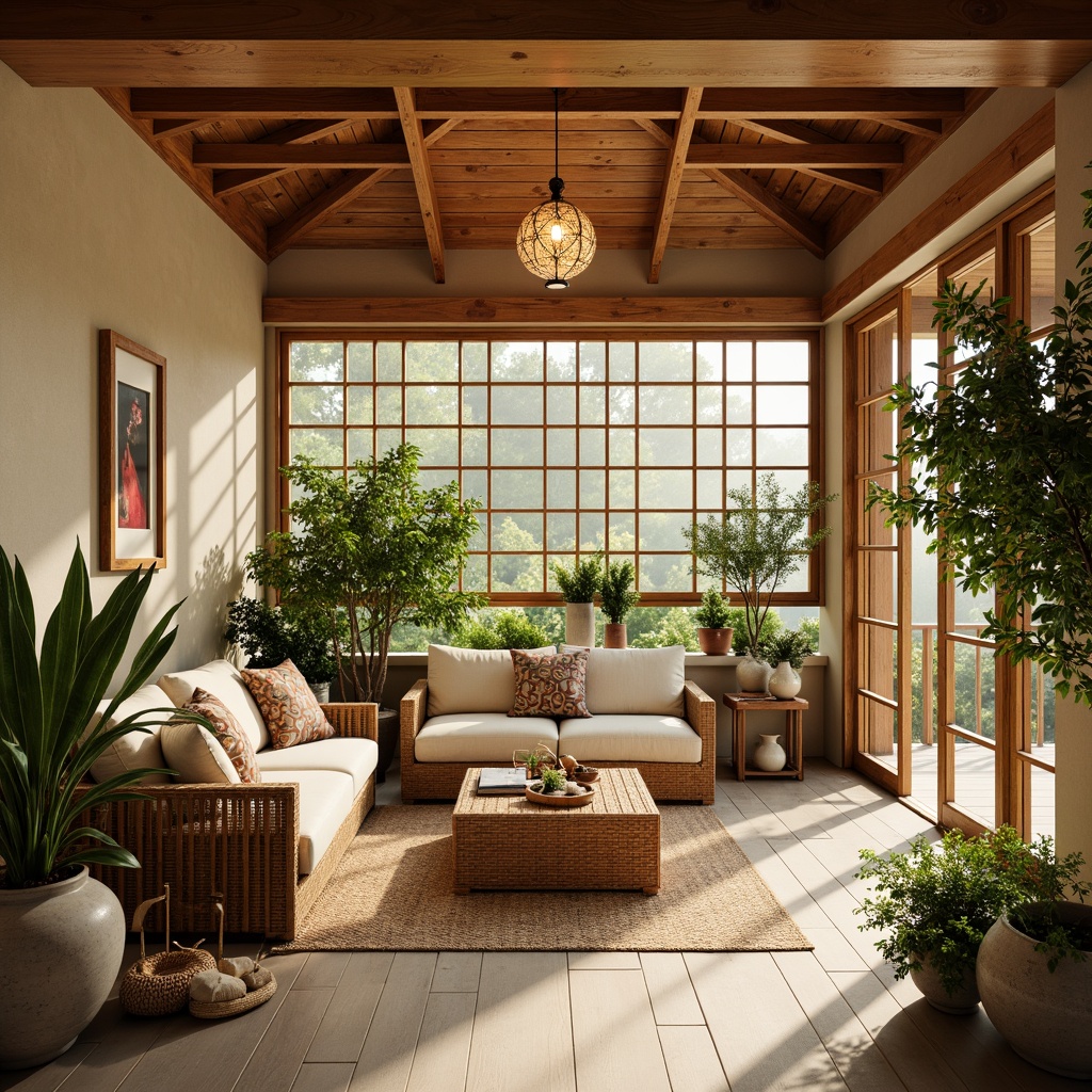 Prompt: Asian-inspired sunroom, natural wood accents, bamboo flooring, woven rattan furniture, paper lanterns, sliding shoji screens, warm beige walls, soft cream-colored cushions, lush greenery, potted plants, tropical flowers, subtle natural textures, earthy tone ceramics, woven fiber rugs, delicate wind chimes, warm golden lighting, shallow depth of field, 1/2 composition, panoramic view, realistic wood grain, ambient occlusion.