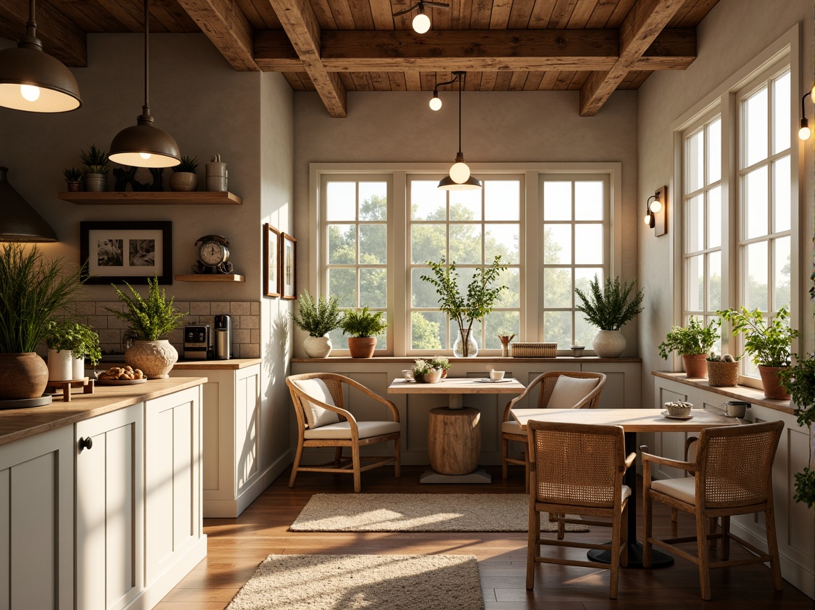 Prompt: Cozy breakfast nook, warm wooden accents, soft morning light, pendant lamps, industrial metal shades, Edison bulb fixtures, rustic farmhouse decor, natural stone countertops, creamy white cabinetry, woven rattan chairs, plush area rugs, greenery filled planters, sunny window views, gentle warm glow, shallow depth of field, 1/1 composition, inviting ambiance.