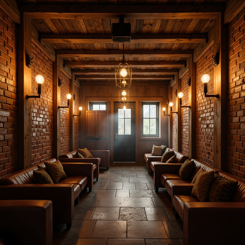 Prompt: Rustic cinema interior, distressed wood accents, vintage metal lanterns, warm soft lighting, Edison bulb pendant lights, industrial metal shades, exposed brick walls, wooden beam ceilings, natural stone floors, cozy seating areas, rich leather upholstery, earthy color palette, warm golden tones, cinematic ambiance, atmospheric misting, shallow depth of field, 1/1 composition, realistic textures, ambient occlusion.