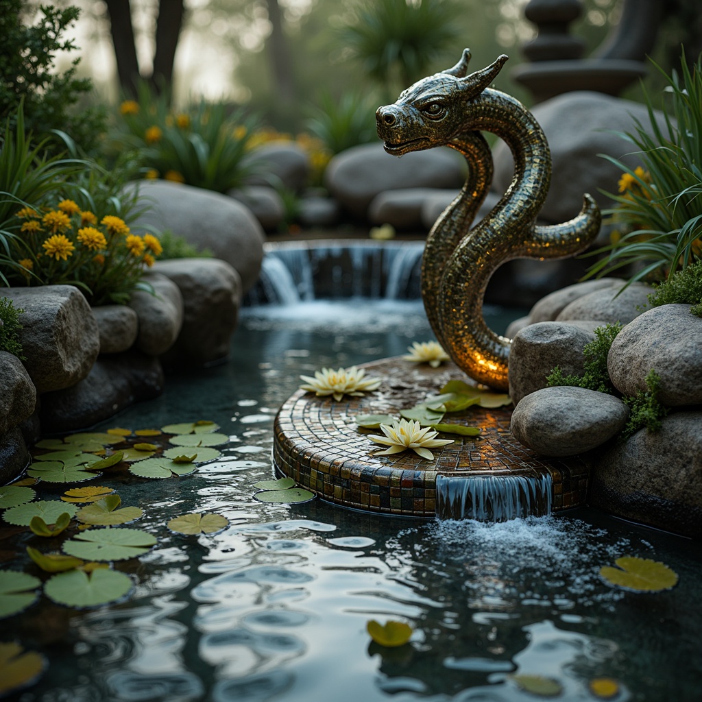 Prompt: Ornate fountain, flowing water, delicate lily pads, sinuous aquatic plants, iridescent mosaic tiles, shimmering glass beads, undulating metalwork, whiplash curves, organic forms, sensual lines, luxurious materials, ornamental sculptures, mythical creatures, dreamy atmosphere, soft warm lighting, misty surroundings, rippling reflections, 1/1 composition, intimate close-up shot, high-contrast rendering, intricate textures, stylized ripples.