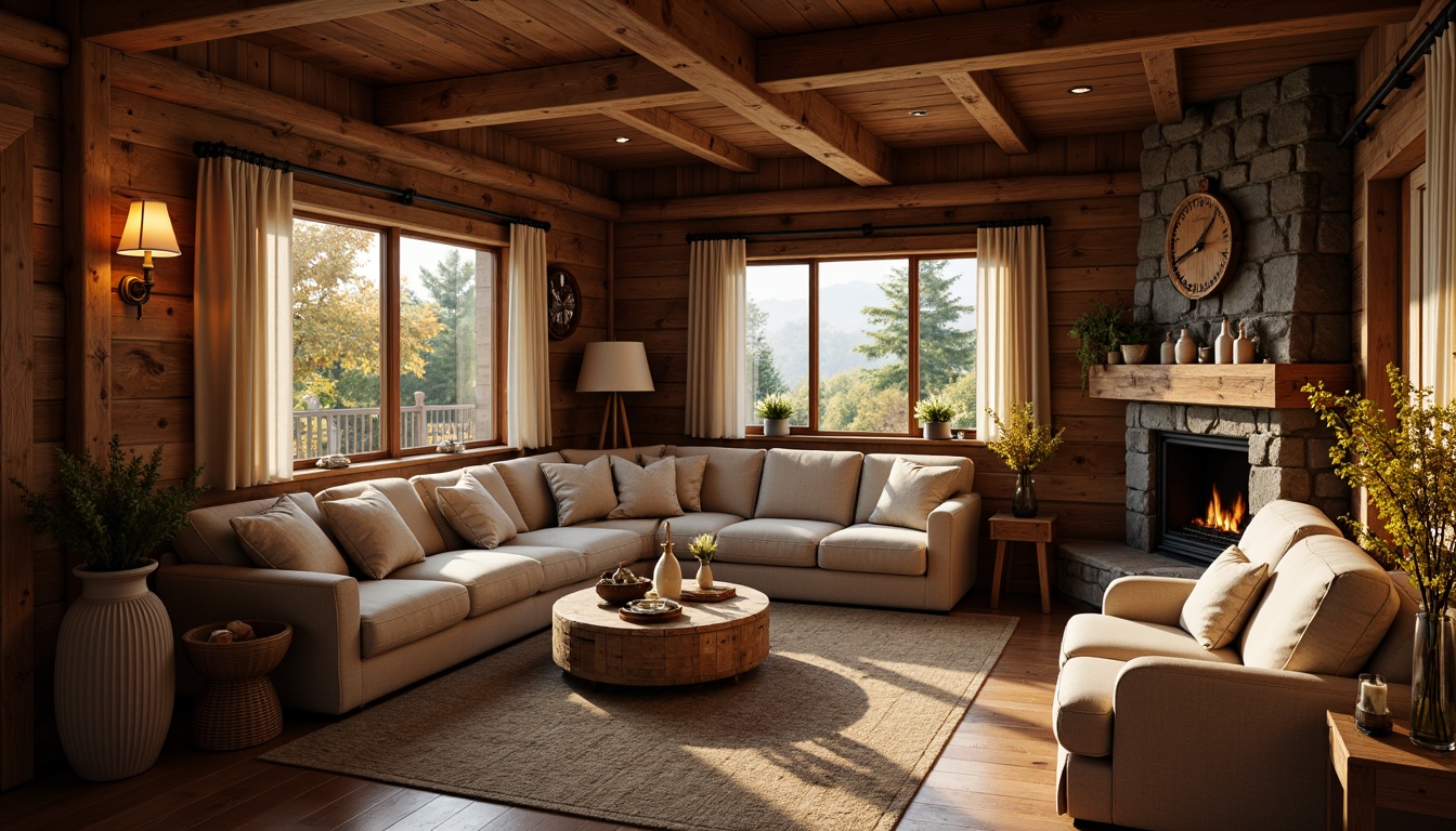 Prompt: Cozy cabin, rustic wooden walls, earthy brown tones, warm golden lighting, plush furnishings, soft cream accents, natural stone fireplace, woven textiles, vintage decorative items, autumnal forest surroundings, misty morning atmosphere, shallow depth of field, 1/1 composition, warm color grading, realistic wood grain textures, ambient occlusion.