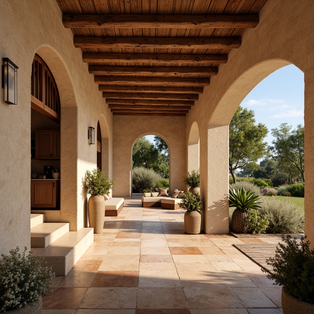 Prompt: Warm Mediterranean villa, rustic stone walls, curved archways, ornate tile work, terra cotta flooring, distressed wood accents, soft golden lighting, warm beige tones, natural textures, earthy colors, ceramic vases, woven textiles, lush greenery, bright blue sky, tranquil atmosphere, shallow depth of field, 1/1 composition, realistic renderings, ambient occlusion.