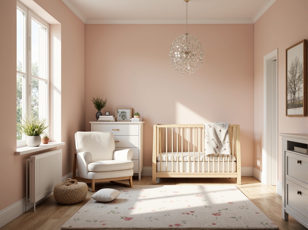 Prompt: Soft peach walls, creamy white furniture, warm beige accents, gentle gray undertones, plush area rug, natural wood crib, delicate floral patterns, subtle sparkle chandelier, soothing pastel colors, calming atmosphere, cozy reading nook, comfortable glider, serene landscape artwork, gentle morning light, shallow depth of field, 1/2 composition, realistic textures, ambient occlusion.