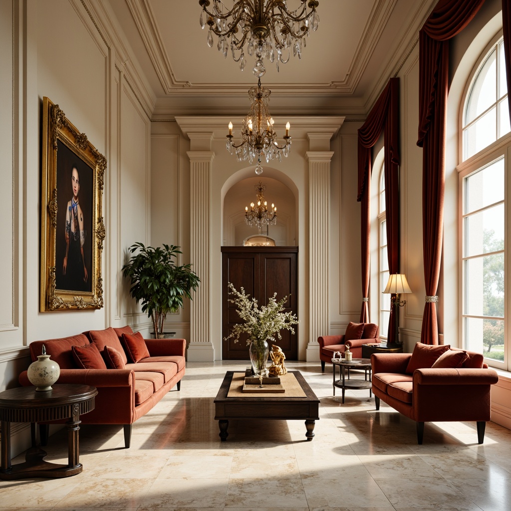 Prompt: Elegant Neoclassical interior, rich velvet fabrics, ornate golden frames, soft cream walls, subtle beige marble floors, refined dark wood furniture, antique bronze fixtures, intricate moldings, lavish crystal chandeliers, warm softbox lighting, shallow depth of field, 2/3 composition, symmetrical balance, realistic textures, ambient occlusion.