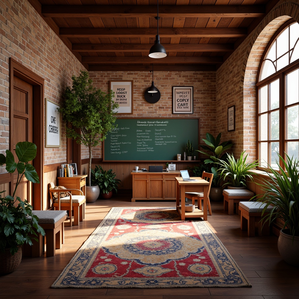 Prompt: Traditional school building, ornate facades, brick walls, wooden doors, classic chalkboards, comfortable seating, natural wood desks, vibrant colorful rugs, educational posters, inspirational quotes, warm lighting, cozy atmosphere, 1/1 composition, shallow depth of field, realistic textures, ambient occlusion, traditional teacher's desk, wooden chairs, bookshelves, greenery, potted plants, soft warm colors, calm ambiance.