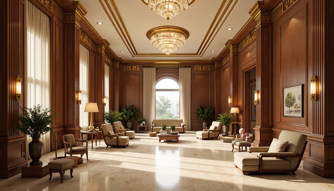 Prompt: Elegant neoclassical interior, rich wood tones, cream marble floors, ornate gold accents, soft velvet fabrics, majestic crystal chandeliers, subtle ivory walls, refined dark wood paneling, intricate plaster moldings, luxurious silk upholstery, stately columns, symmetrical composition, dramatic high ceilings, warm golden lighting, shallow depth of field, 1/1 composition, realistic textures, ambient occlusion.