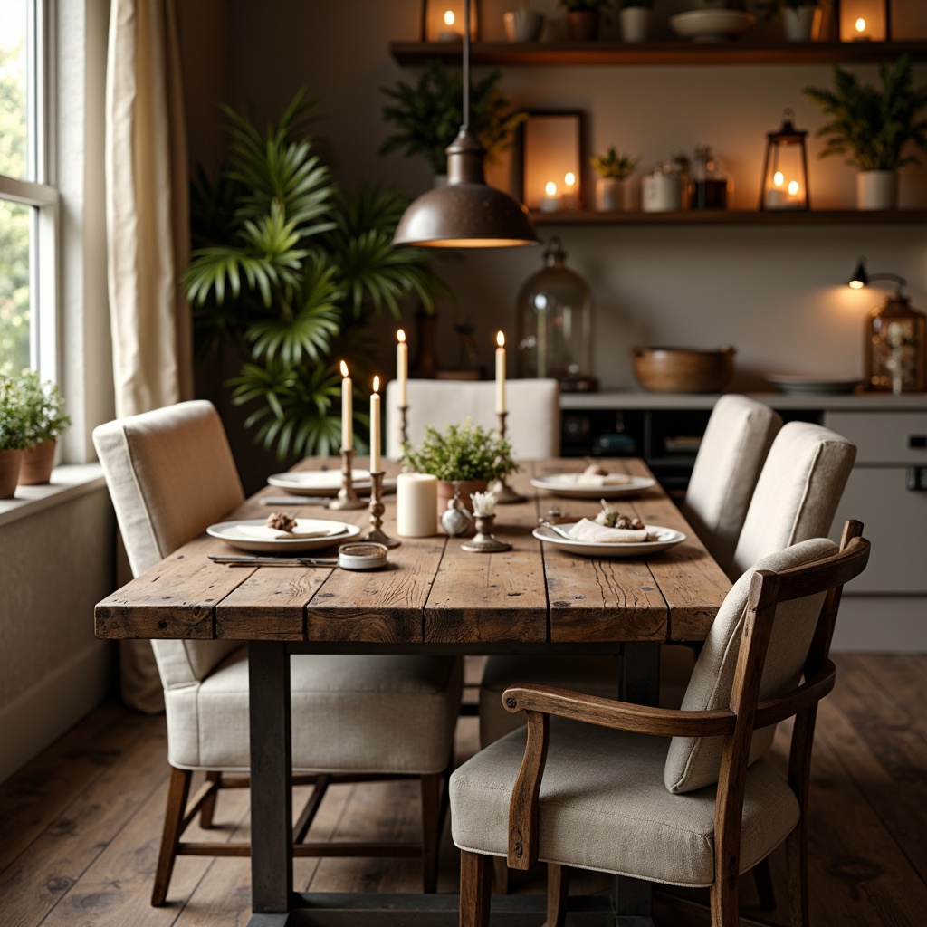 Prompt: Rustic wooden table, reclaimed barnwood top, distressed metal legs, vintage-inspired chairs, natural linen upholstery, earthy tone color scheme, warm candlelight, soft fabric drapes, farmhouse-style decor, vintage accessories, open shelving, decorative vases, potted greenery, cozy ambiance, shallow depth of field, 1/1 composition, warm golden lighting, realistic wood textures, ambient occlusion.Please let me know if this meets your expectations!