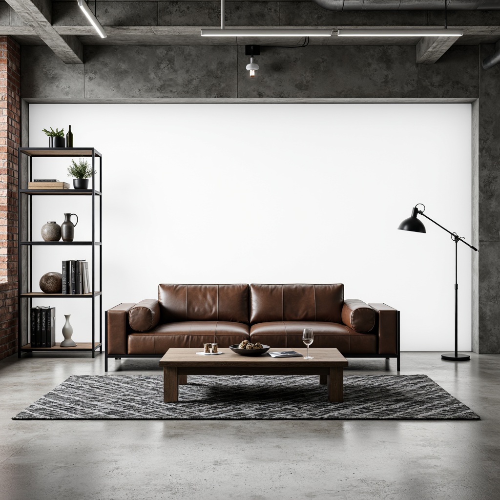 Prompt: Simple leather sofa, geometric patterned rug, minimalist wooden coffee table, functional metal shelving units, industrial-style lamps, monochromatic color scheme, clean lines, rectangular forms, open floor plan, abundant natural light, urban loft atmosphere, concrete floors, exposed brick walls, modernist architecture, stark white background, dramatic shadows, high-contrast lighting, 1/1 composition, symmetrical framing, realistic textures, subtle ambient occlusion.