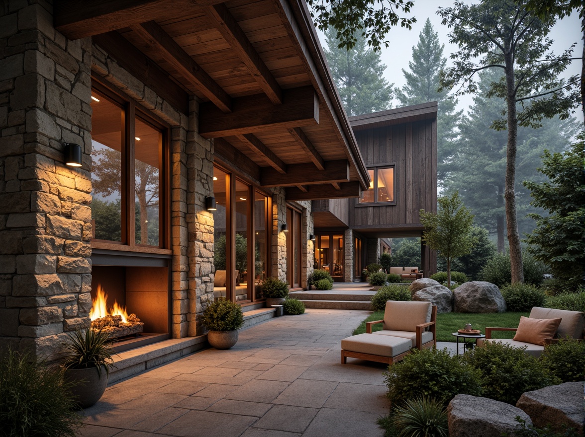 Prompt: Rustic mountain lodge, natural stone facade, rough-hewn walls, earthy color palette, wooden accents, cozy fireplace, plush furnishings, warm ambient lighting, shallow depth of field, 1/2 composition, rustic textures, organic forms, serene forest surroundings, misty morning atmosphere, soft diffused light, gentle shadows.