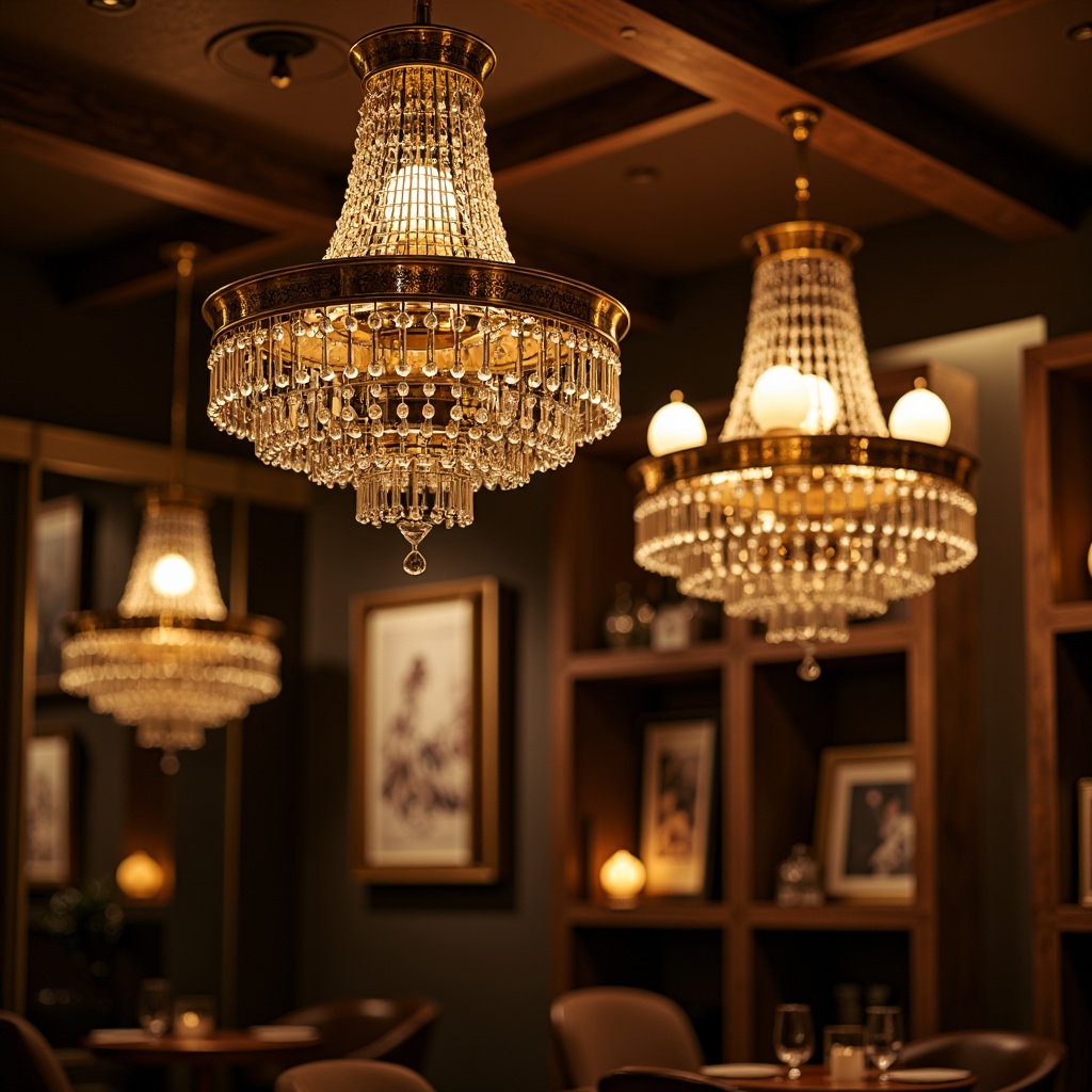 Prompt: Dimmable chandeliers, crystal droplets, soft warm glow, candle-like illumination, elegant metalwork, ornate fixtures, subtle sparkle, intimate ambiance, cozy atmosphere, luxurious textiles, rich wood tones, velvety surfaces, golden accents, subtle LED lights, ambient mood lighting, 3/4 composition, shallow depth of field, warm color temperatures.