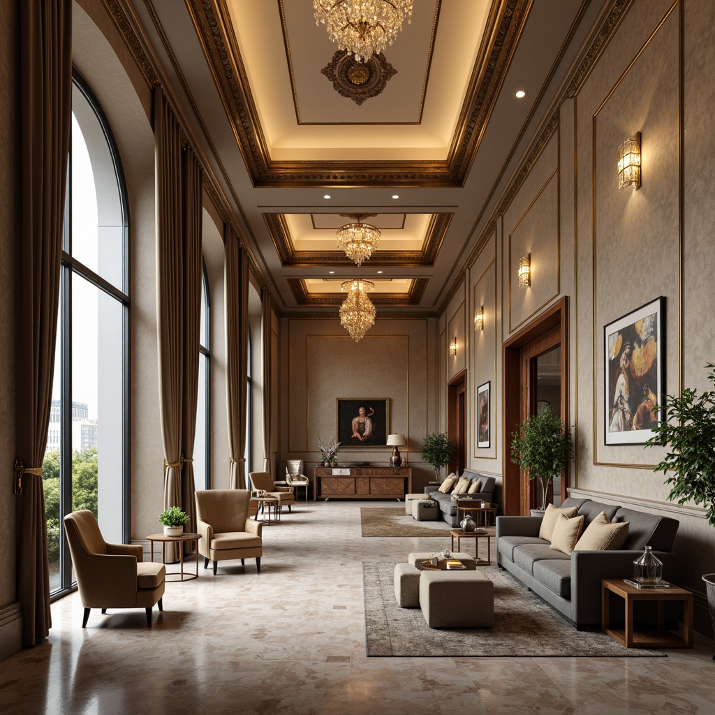 Prompt: Luxurious interior design, harmonizing silver accents, bronze metallic tones, rich velvet fabrics, ornate decorative patterns, opulent furnishings, grand chandeliers, refined marble floors, sophisticated wall paneling, elegant archways, lavish curtains, ambient soft lighting, warm beige background, shallow depth of field, 1/1 composition, realistic textures, subtle reflective surfaces.