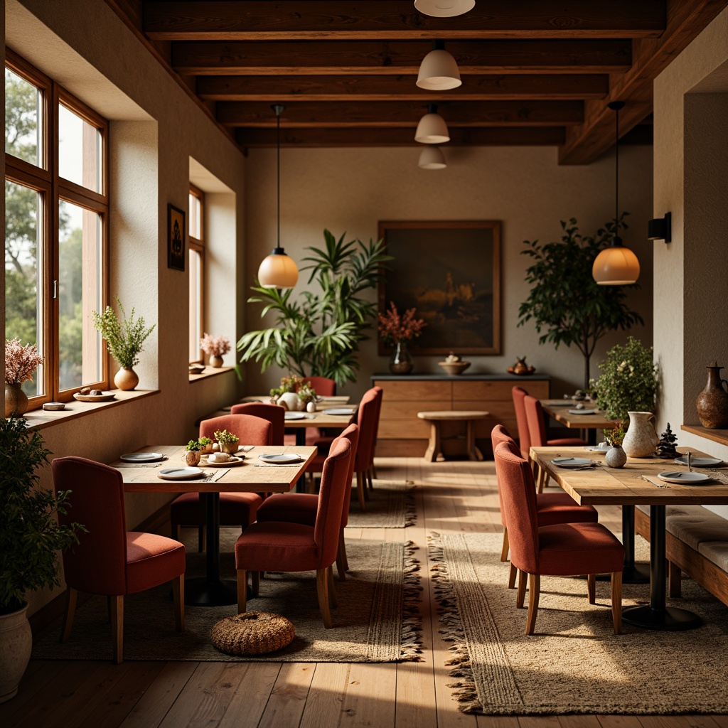 Prompt: Cozy dining area, warm earthy tones, plush throw blankets, woven baskets, natural fiber rugs, reclaimed wood tables, comfortable velvet chairs, soft golden lighting, autumnal color palette, rustic metal accents, vintage ceramic vases, lush greenery, intimate ambiance, shallow depth of field, 3/4 composition, realistic textures, ambient occlusion.