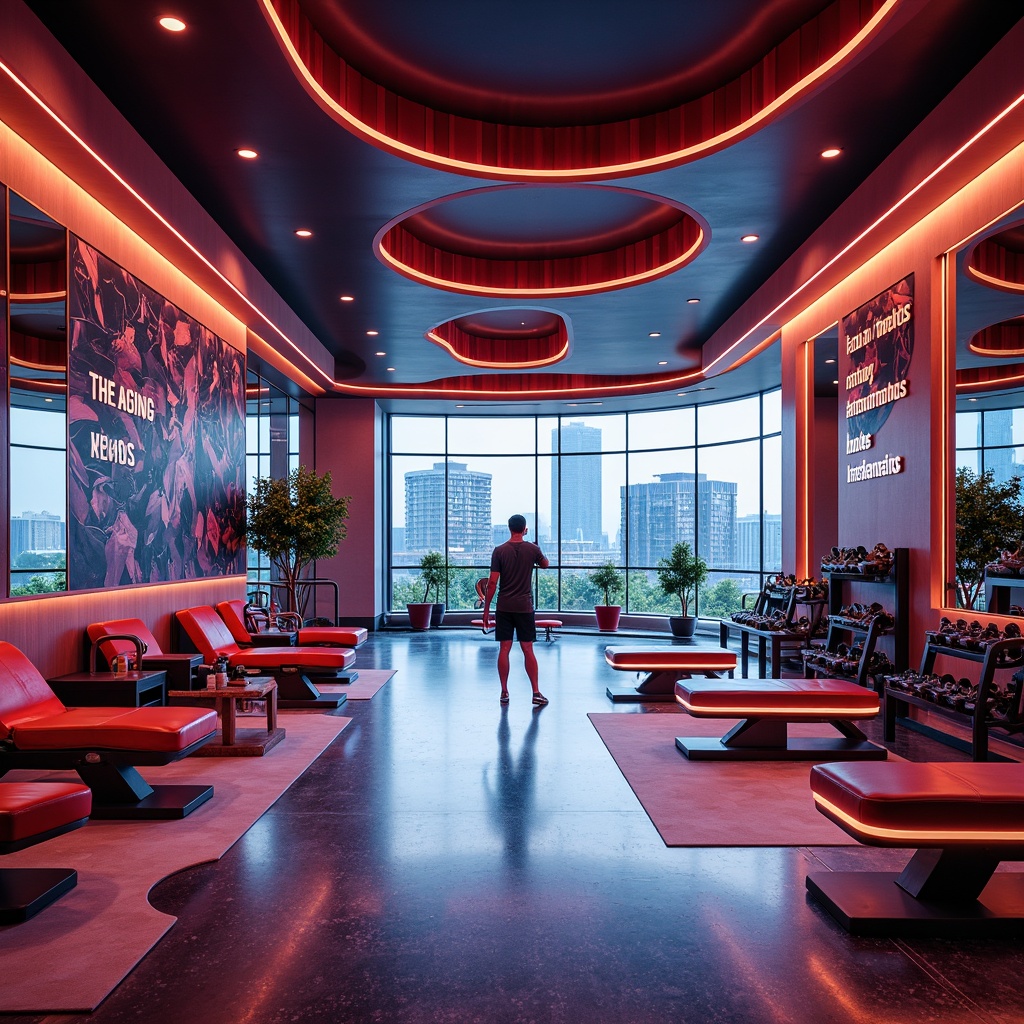 Prompt: Vibrant fitness club interior, undulating walls, curved lines, dynamic shapes, high-gloss flooring, mirrored ceilings, suspended lighting fixtures, futuristic exercise equipment, angular free weights, cushioned benches, motivational quotes, natural stone accents, metallic finishes, LED strip lighting, energizing color scheme, panoramic city views, shallow depth of field, 1/1 composition, softbox lighting, ambient occlusion.