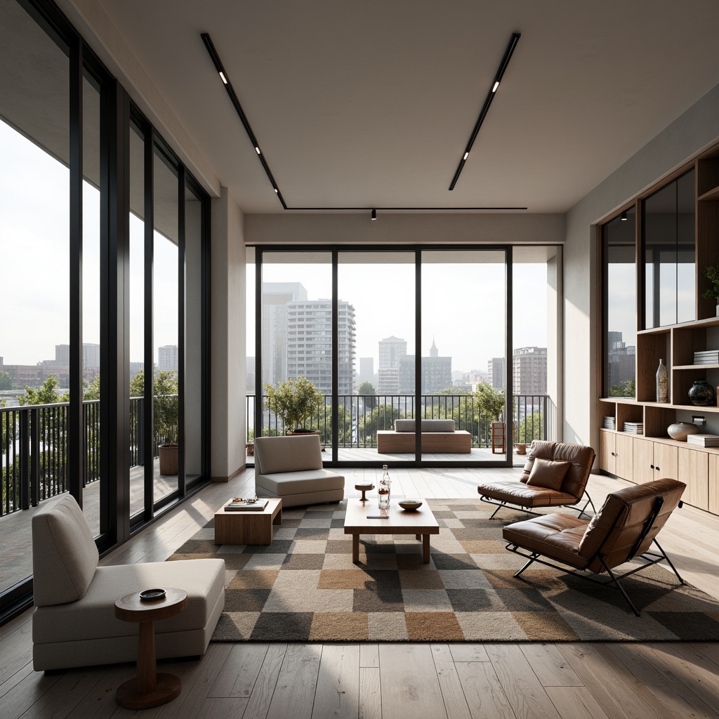 Prompt: Geometric living room, functional furniture, minimalist decor, industrial materials, tubular steel frames, leather upholstery, adjustable armchairs, built-in shelving, wooden coffee tables, geometric rugs, monochromatic color scheme, natural light pouring in, large windows, sliding glass doors, urban cityscape view, modernist architecture, clean lines, rectangular forms, functional simplicity, 1/1 composition, softbox lighting, realistic textures.