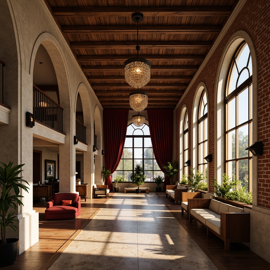 Prompt: Elegant loft interior, Renaissance-inspired archways, ornate stone carvings, grand high ceilings, exposed brick walls, rustic wooden beams, refined metal railings, luxurious velvet drapes, lavish crystal chandeliers, opulent marble floors, warm golden lighting, soft focus blur, 1/2 composition, atmospheric perspective, detailed textures, ambient occlusion.