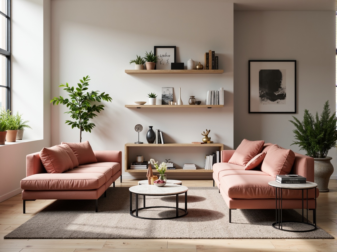 Prompt: Modern living room, sleek sofas, velvet upholstery, metallic legs, marble coffee tables, industrial pendant lamps, reclaimed wood shelves, minimalist decor, pastel color palette, soft warm lighting, shallow depth of field, 3/4 composition, realistic textures, ambient occlusion.