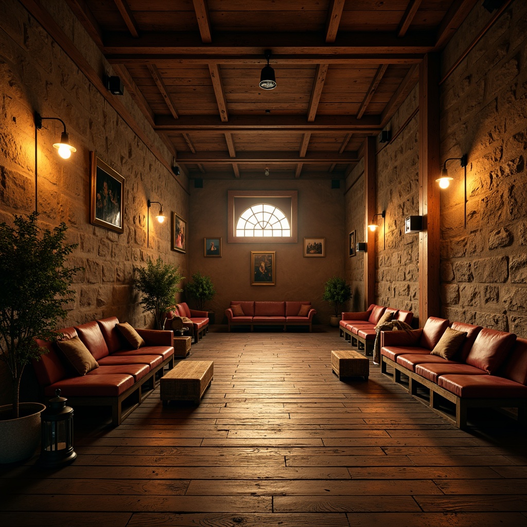 Prompt: Rustic cinema interior, distressed wooden planks, vintage film cameras, antique spotlights, worn leather armchairs, plush velvet sofas, reclaimed wood benches, metal lanterns, stone walls, earthy color palette, warm golden lighting, shallow depth of field, 2/3 composition, cinematic mood, realistic textures, ambient occlusion.