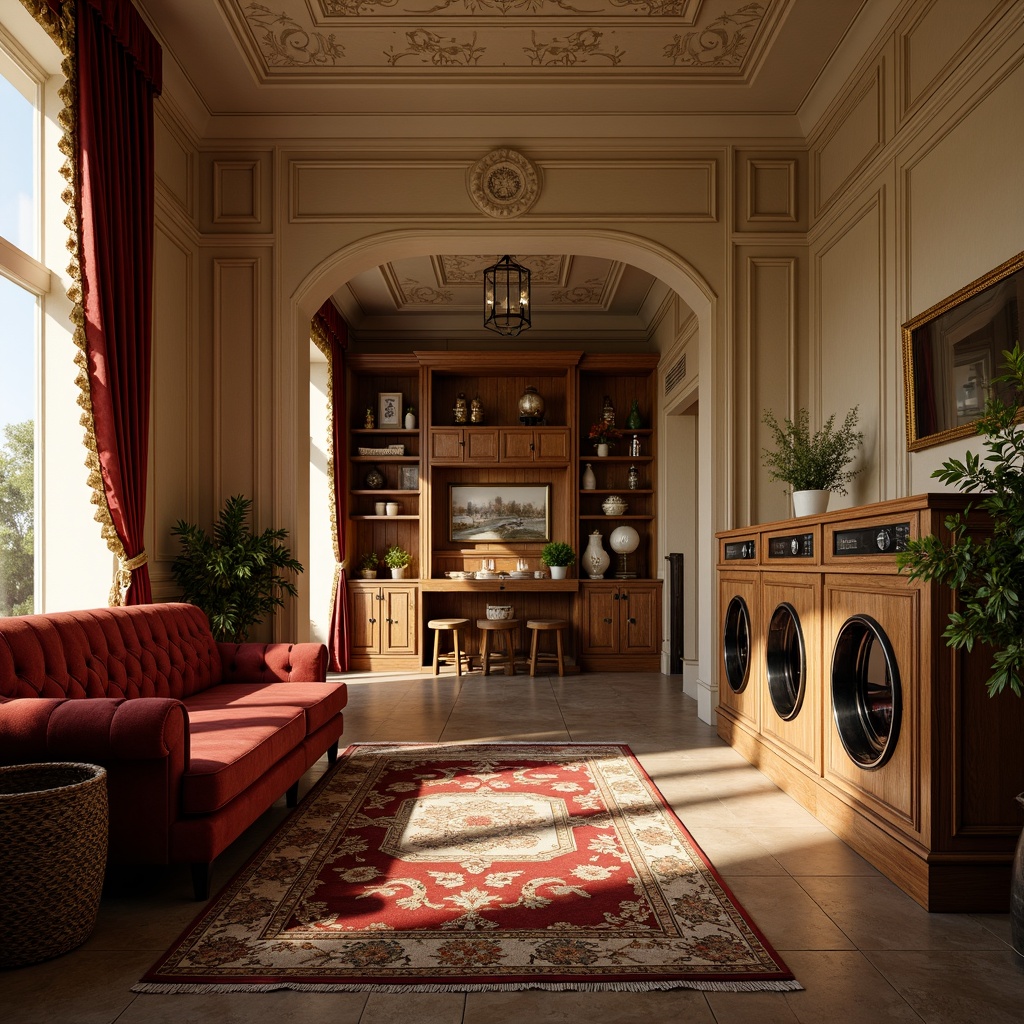 Prompt: Rich velvet fabrics, ornate wooden furniture, soft golden lighting, plush area rugs, elegant drapery, classic laundry room fixtures, vintage-inspired washing machines, distressed stone walls, warm beige color palette, subtle floral patterns, intricate molding details, luxurious tufted upholstery, sophisticated cabinetry, serene atmosphere, shallow depth of field, 1/1 composition, realistic textures, ambient occlusion.